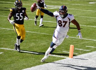 Denver Broncos tight end Noah Fant (87) against the New York Jets during an  NFL football game, …