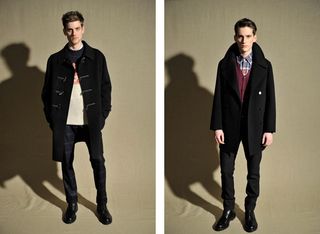 Left: Double faced duffle coat in navy; Navy and light grey felted wool fairisle sweater; Light grey brushed cashmere shirt; Navy windowpane check trousers; Black scotchgrain brogue hill boot Right: ﻿Double faced peacoat in navy; Navy and light grey felted wool Fairisle scarf; Burgundy lightweight Mongolian cashmere cable knit tank; Navy and burgundy lumberjack printed check brushed cotton shirt; Navy wool jeans; Black shearling-lined hill boot