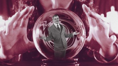Photo collage of Agde’s mayor, Gilles d’Ettore, standing within a crystal ball with a woman’s hands around it, as if reading fortune