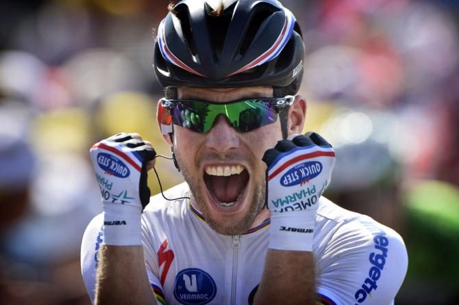 An ecstatic Mark Cavendish (Omega Pharma-QuickStep) after winning stage 13 of the Tour de France