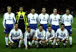 The Dynamo Kyiv team line up for a photo ahead of their 1998/99 Champions League group match against Arsenal