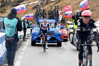 CORTINA DAMPEZZO ITALY MAY 24 Giulio Ciccone of Italy and Team Trek Segafredo passing through Passo Giau 2233m during the 104th Giro dItalia 2021 Stage 16 a 153km stage shortened due to bad weather conditions from Sacile to Cortina dAmpezzo 1210m girodiitalia Giro on May 24 2021 in Cortina dAmpezzo Italy Photo by Tim de WaeleGetty Images