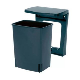 A blue bin with a bracket for the cupboard