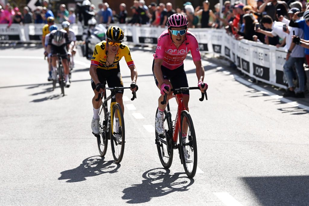 VAL DI ZOLDO PALAFAVERA ITALY MAY 25 LR Primo Rogli of Slovenia and Team JumboVisma and Geraint Thomas of The United Kingdom and Team INEOS Grenadiers Pink Leader Jersey compete in the chase group during the 106th Giro dItalia 2023 Stage 18 a 161km stage from Oderzo to Val di Zoldo Palafavera 1514m UCIWT on May 25 2023 in Val di Zoldo Palafavera Italy Photo by Tim de WaeleGetty Images