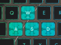 Teal-colored translucent WASD keys on the MSI Cyborg 17 laptop.