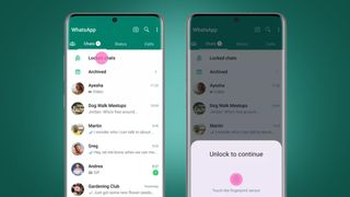 Two phones on a green background showing WhatsApp's locked chats feature