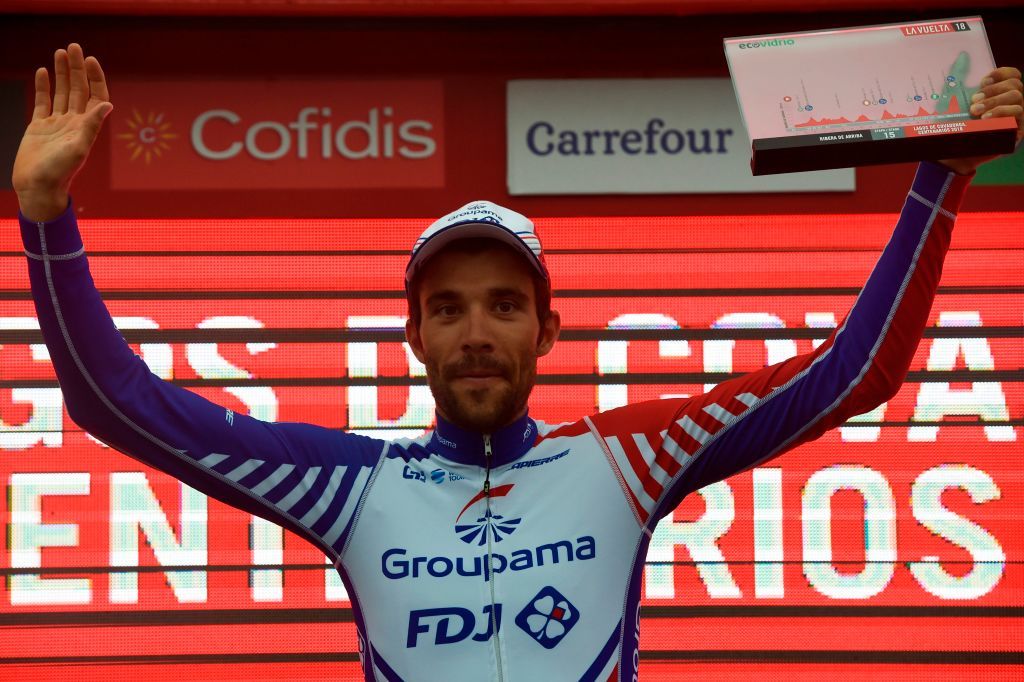 Thibait Pinot on the podium after winning at Lagos de Covadonga