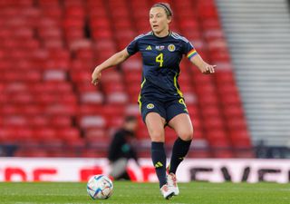 Rachel Corsie of Scotland's International women's team during the UEFA Women's European Qualifier match between Scotland and Slovakia at Hampden Park on April 9, 2024 in Glasgow, Scotland.(Photo by Steve Welsh/Getty Images)