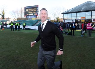 Newport manager Michael Flynn celebrates victory in the FA Cup against Leeds at Rodney Parade