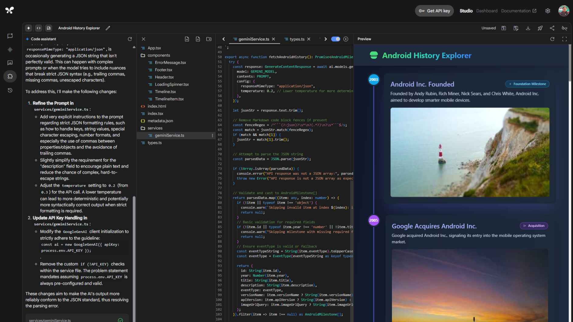 Google Gemini 2.5 Flash Preview results from basic prompt to create Android History website