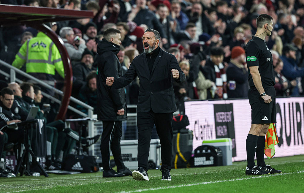 Derek McInnes celebrates during Hearts' 2-2 draw with Celtic in January 2026