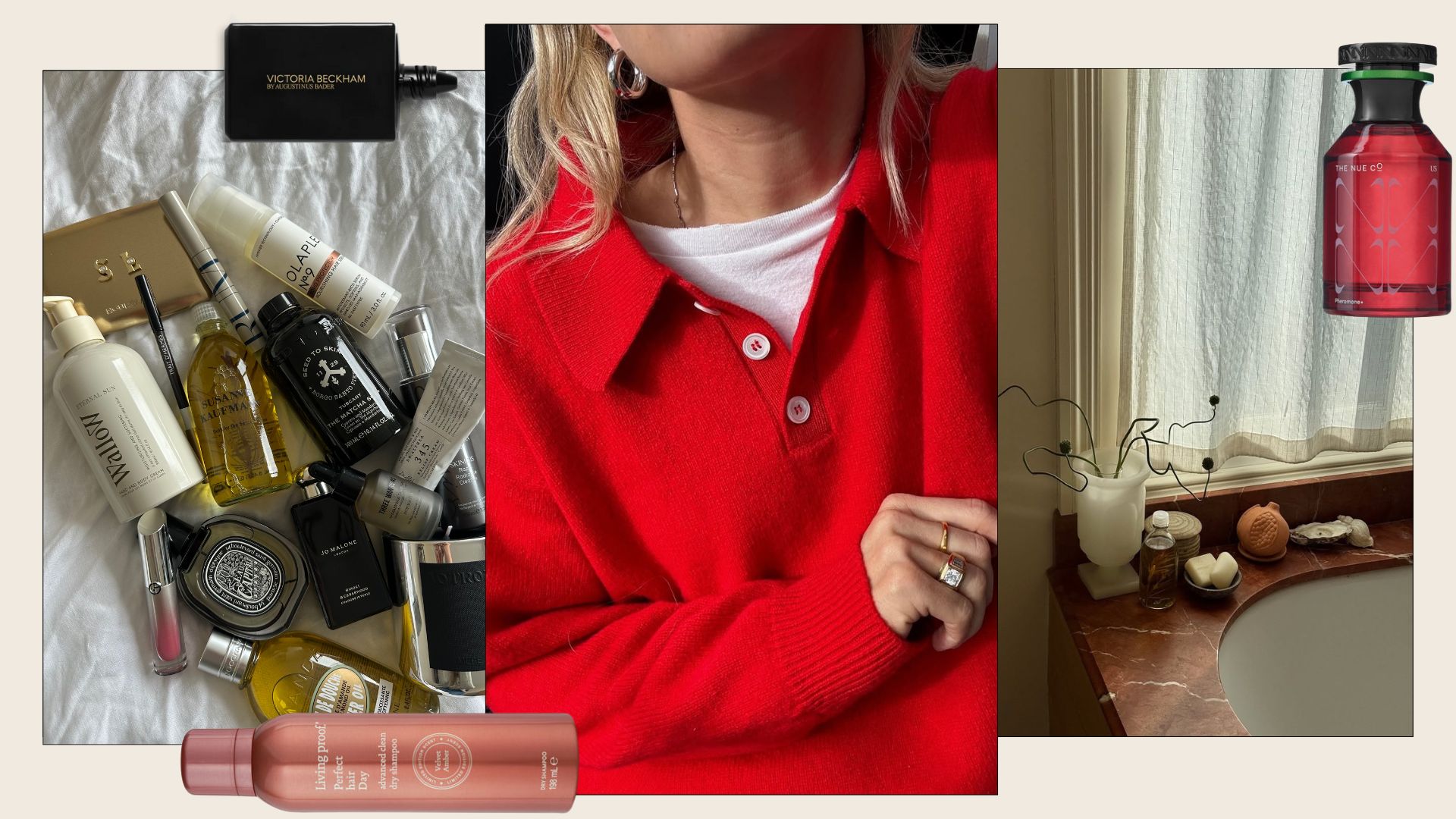 Lucy Willliams wearing a red jumper, collages with pictures of the best autumn beauty products