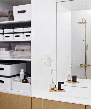 A bathroom with white ORTHEX compact plastic storage boxes in bathroom cupboard