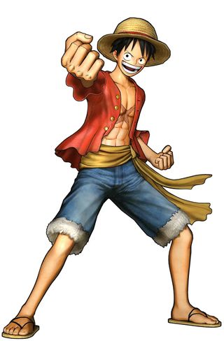 Anime characters to draw; a man in blue jean shorts, a red cotton short and straw hat stands on a karate pose