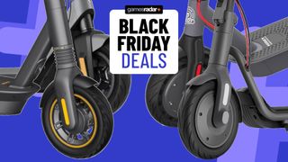 Various scooter wheels arranged on either side of a 'Black Friday deals' badge, all against a blue background