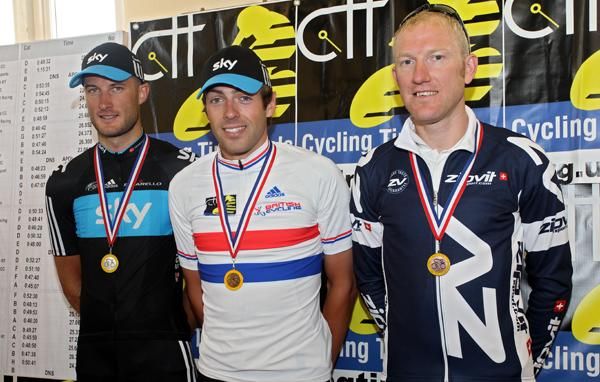 The men&sup1;s podium Steve Cummings (Team Sky), Alex Dowsett (Team Sky) and Matt Bottrill (I-ride.co.uk)