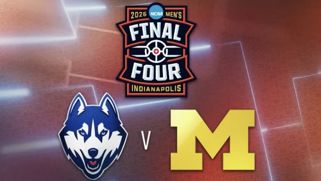 Promo logos for 2026 NCAA Men's Final Four National Championship between UCONN and Michigan