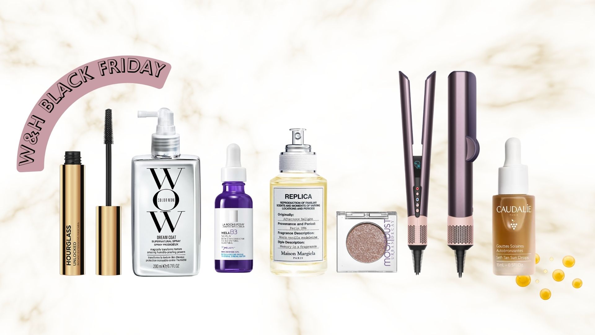 Hourglass Unlocked mascara, Color Wow Dream Coat, La Roche Posay Mela B3 serum, Replica Afternoon Delight perfume, Urban Decay Moondust eyeshadow, Dyson Airstrait and Caudalie face bronzing drops on a white and gold marble-patterned background