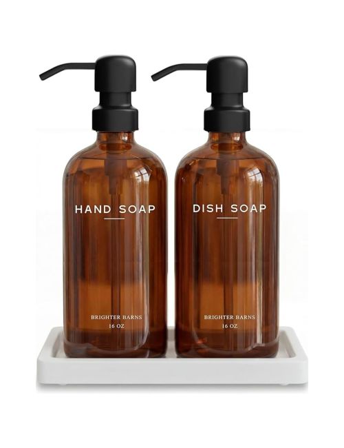 Amber Glass Hand and Dish Soap Dispenser Set