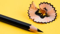 pencil with pencil shavings next to it on a yellow background