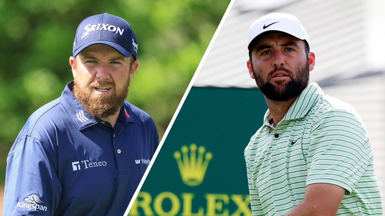 A split-screen image of Shane Lowry (left) and Scottie Scheffler