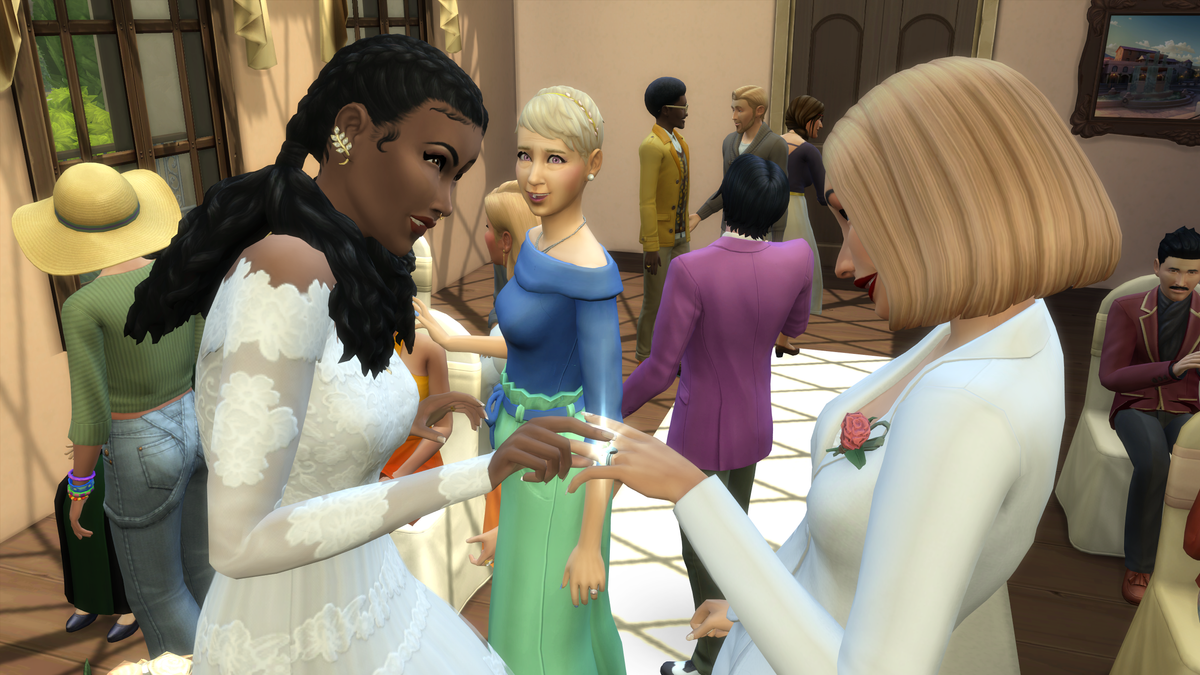 A bride putting a wedding ring on her new wife&#039;s finger in The Sims 4 My Wedding Stories