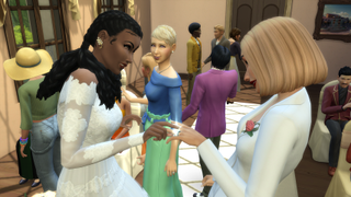 A bride putting a wedding ring on her new wife's finger in The Sims 4 My Wedding Stories