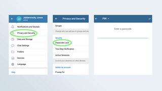 Screenshots of the passcode-lock steps in the Telegram Android app.