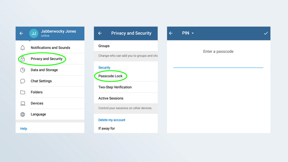 Скриншоты шагов блокировки пароля в приложении Telegram для Android.