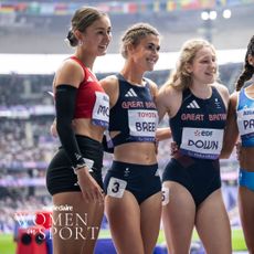 Nele Moos of Team Germany, Olivia Breen of Team Great Britain, Maddie Down of Team Great Britain, Sofia Pace of Team France and Lida Maria Manthopoulou of Team Greece after the Women's 100m - T38 Round 1 Heat on day three of the Paris 2024 Summer Paralympic Games at the Stade de France on August 31, 2024 in Paris, France. 