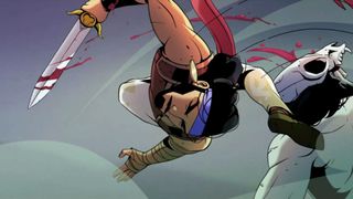 The Prince backflips off a Hun in a skull helmet he has stabbed