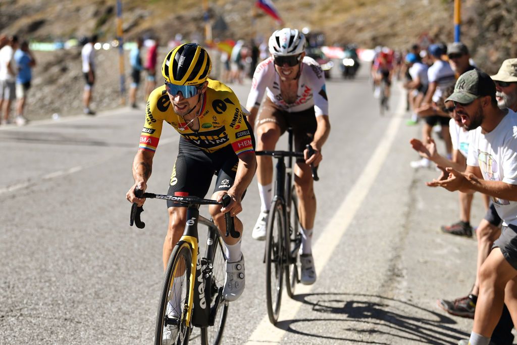 SIERRA NEVADAGRANADA SPAIN SEPTEMBER 04 Primoz Roglic of Slovenia and Team Jumbo Visma attacks in the chase group during the 77th Tour of Spain 2022 Stage 15 a 1526km stage from Martos to Sierra Nevada Granada 2507m LaVuelta22 WorldTour on September 04 2022 in Sierra Nevada Spain Photo by Justin SetterfieldGetty Images