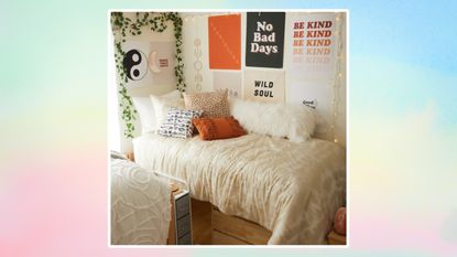 A pastel ombre rainbow background with a picture of dorm with a cream bedding set and posters on the wall.