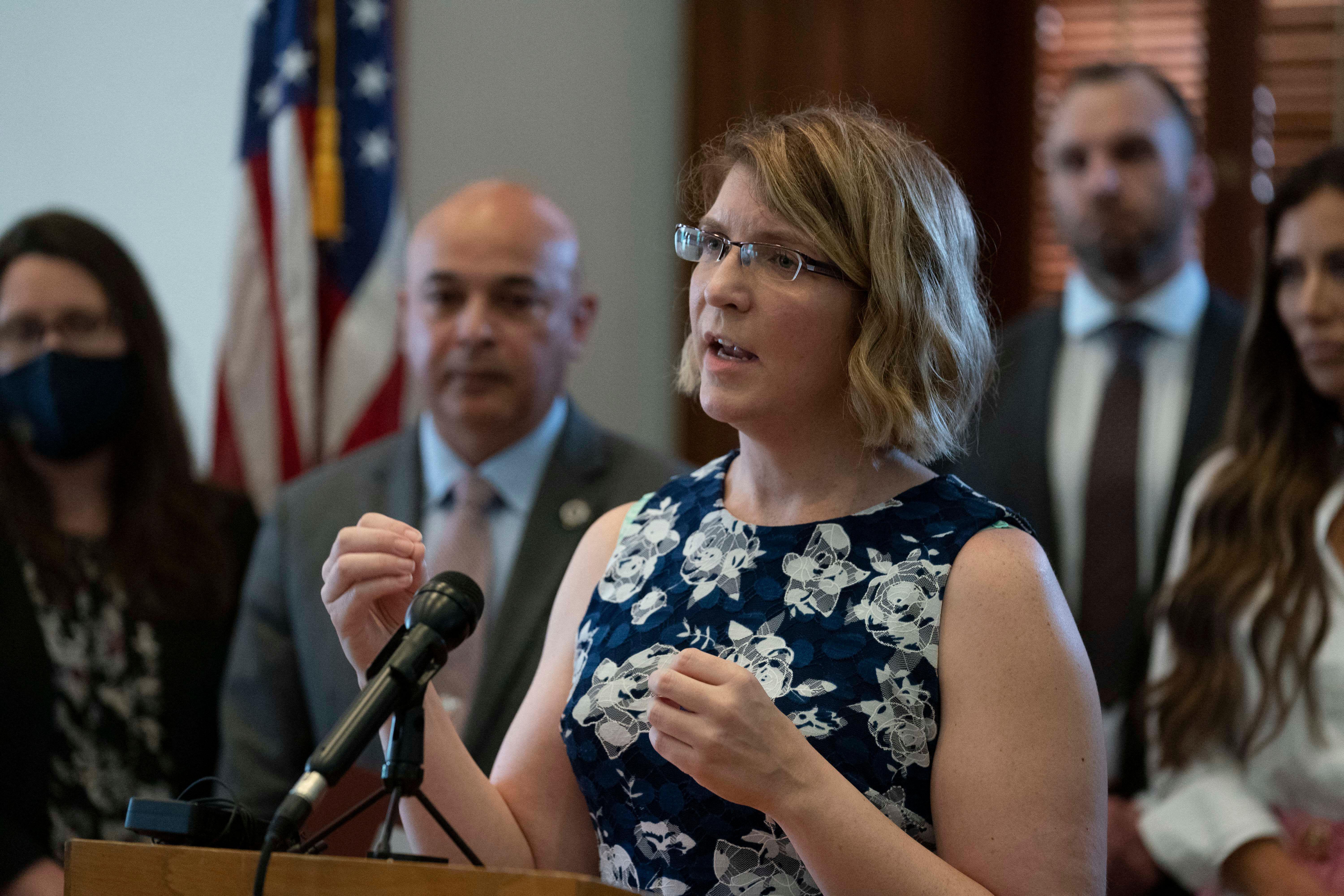 Decorated military veterans, including Dr. LYNETTE AVERILL, PhD, meet for a press event at the Texas Capitol on April 14, 2021 to advocate legislation that would approve certain psychedelic drugs for therapeutic treatment of veteran's post-traumatic stress disorder.