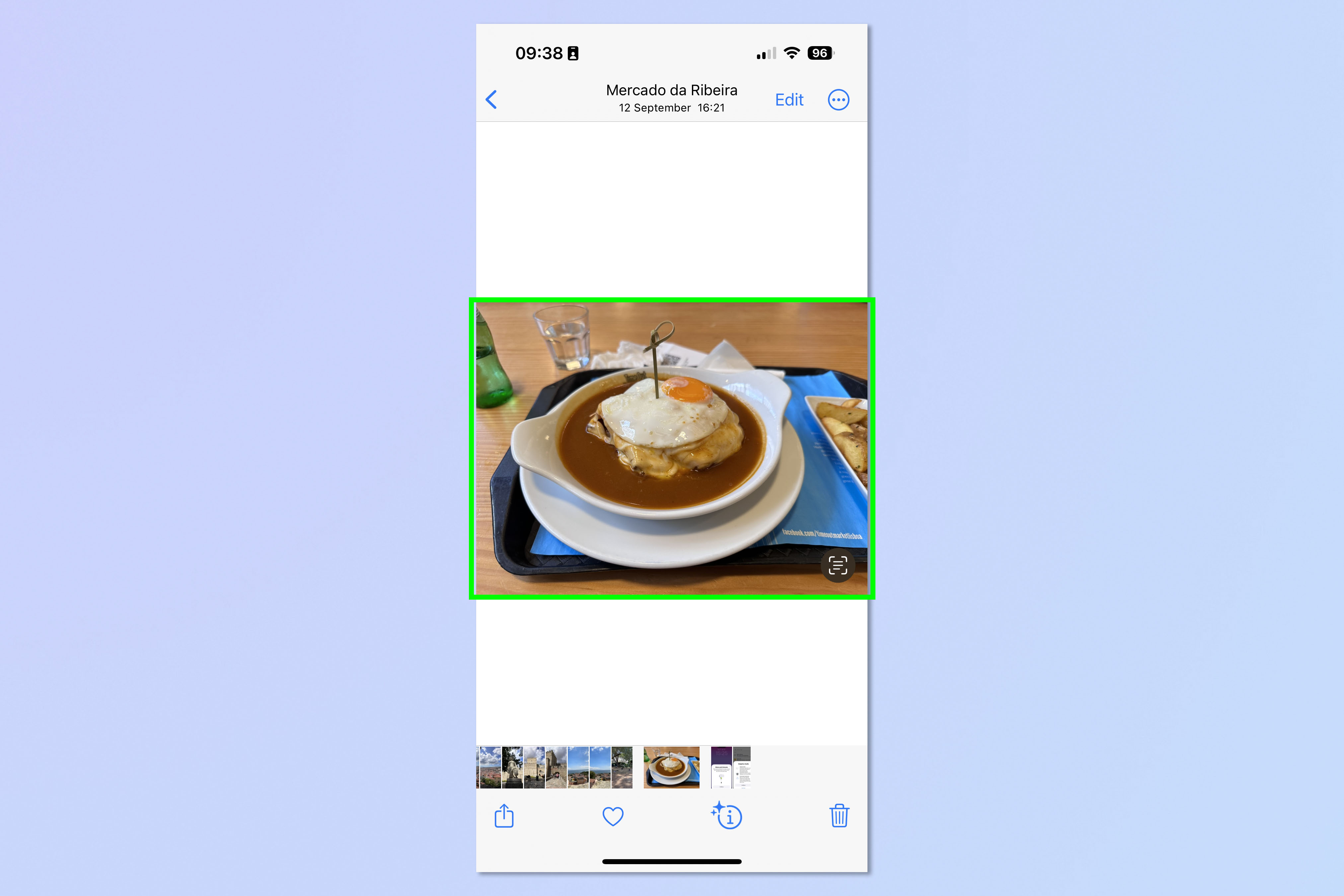 Screenshot showing how to identify food using visual search on iPhone