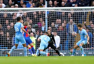 Conor Gallagher scores during Crystal Palace's victory at Manchester City