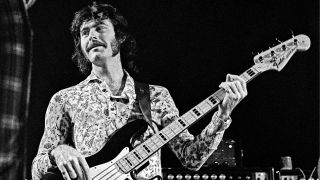 David Hood of the Muscle Shoals rhythm section (The Swampers) performs on stage with Traffic at Birmingham Town Hall on Wednesday March 20 1973. He plays a Fender Jazz bass guitar. 