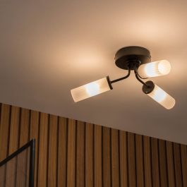 Canya Ip44 3-Way Matte Black Flush Ceiling Light With Reeded Glass Shades