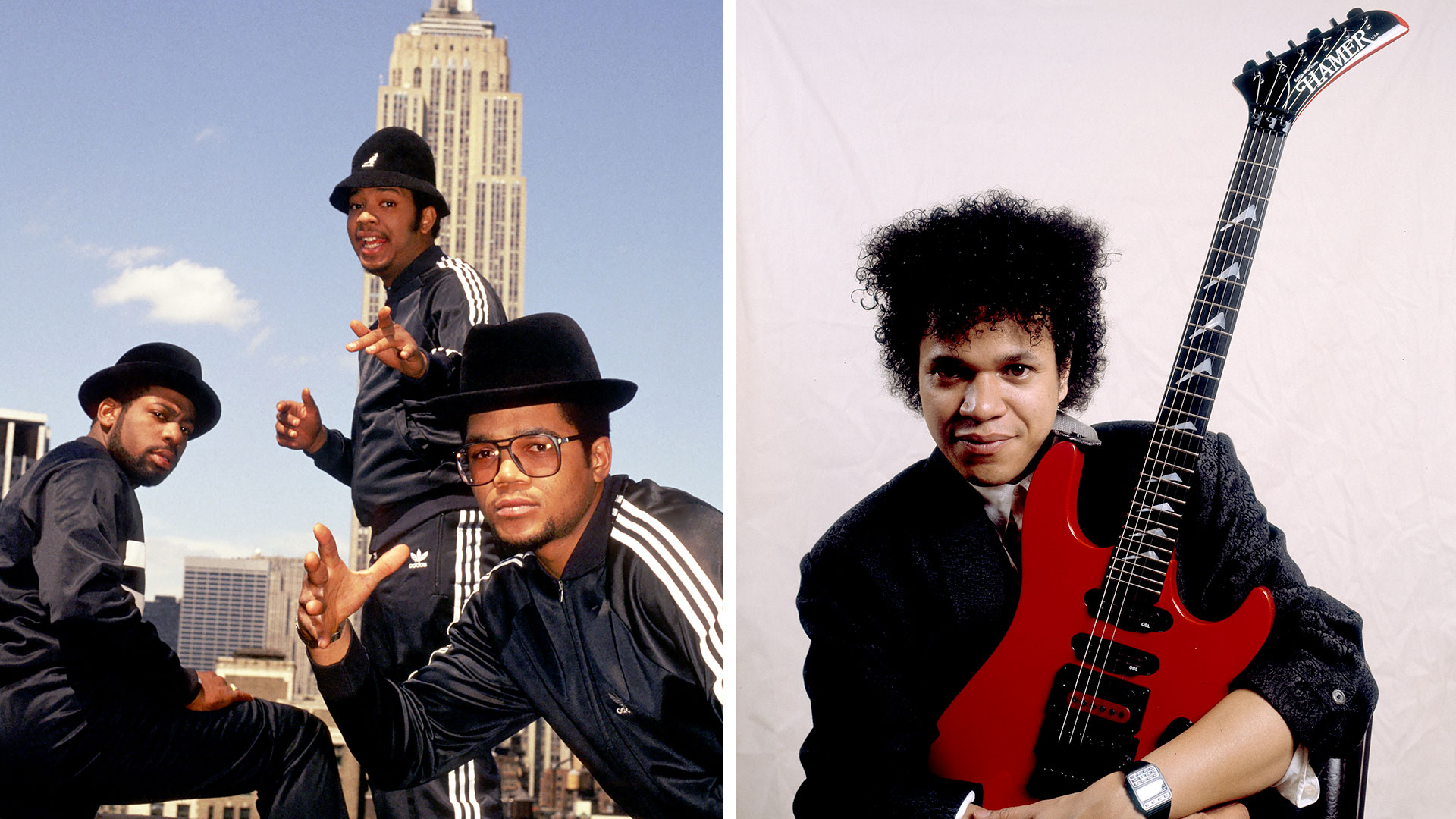 (Left) Run D.M.C. posing in Adidas tracksuits in front of the Empire State building in New York and (right) Eddie Martinez holding his red Hamer guitar in a 1986 portrait