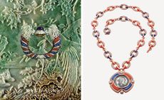 Bulgari advertising campaign from the 1970s and pink gold, diamonds, coral rubrum, lapis lazuli and a 1807 silver United States of America Liberty coin necklace