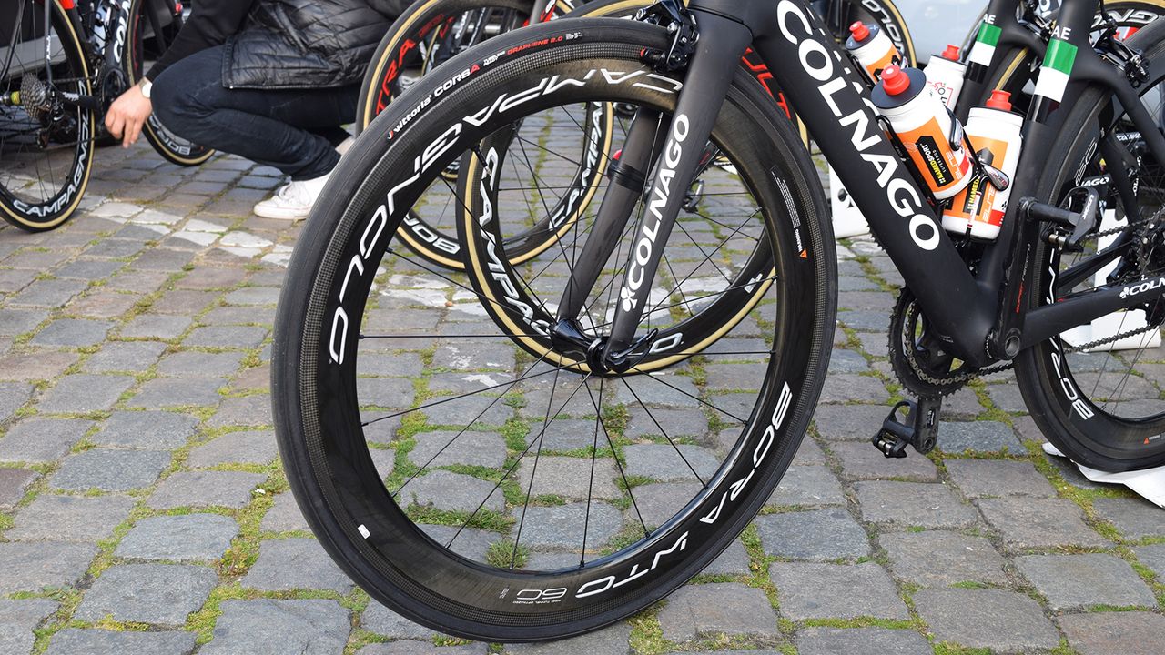 Alexander Kristoff was the only UAE Team Emirates rider to use the new Campagnolo Boro WTO wheels, which are tubeless ready