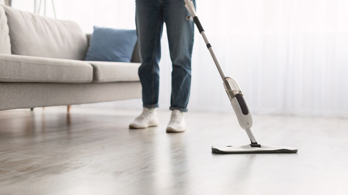 Person showing how to use a steam mop on wooden floors in a living room.