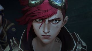 A close up of Vi with her goggles resting on her head in Arcane season 2