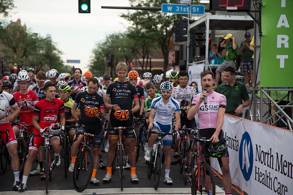 The men line up for the start of stage 4 in Minneapolis