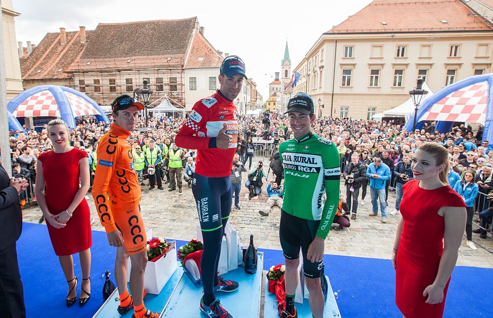 Jan Hirt, Vincenzo Nibali and Jaime Roson on the podium in Croatia