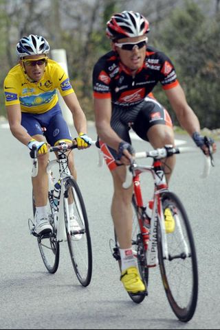 Luis León Sánchez (Caisse d'Epargne) leads Alberto Contador (Astana) on the day at the 2009 Paris-Nice where he snatched the lead from the two-time Tour de France winner