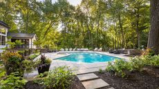 backyard pool with trees