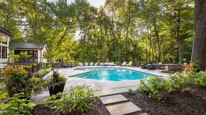backyard pool with trees