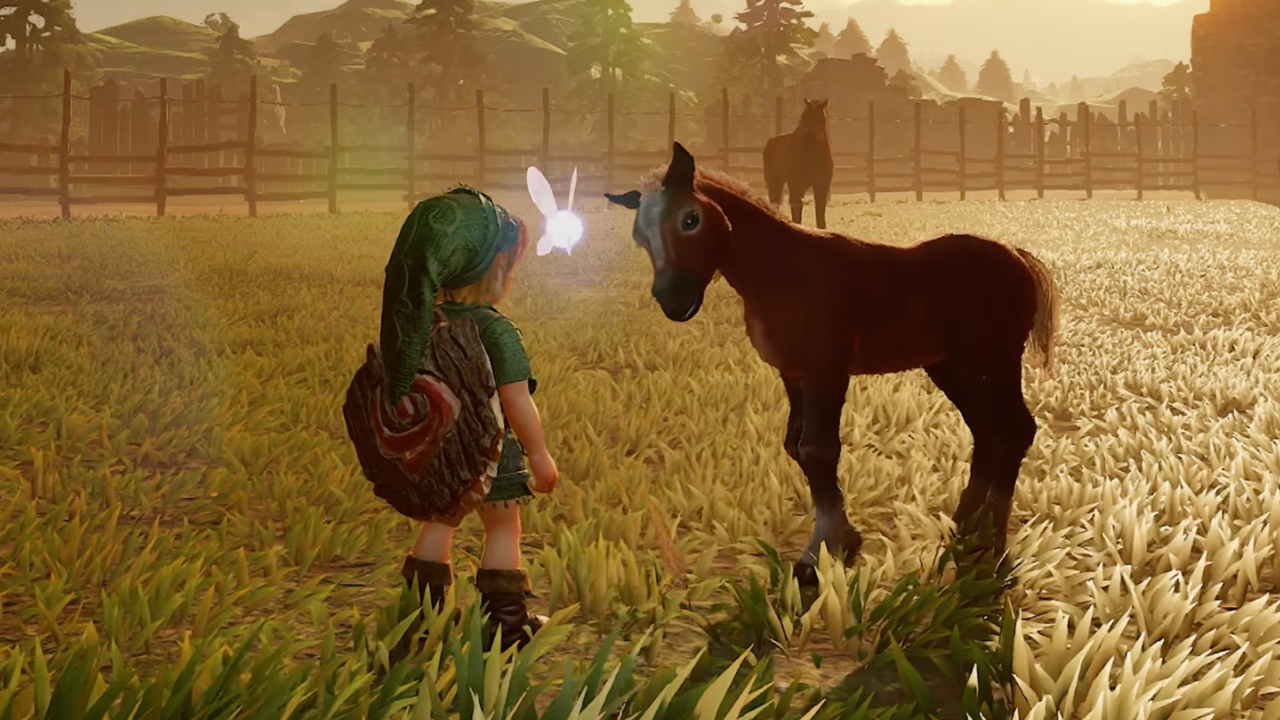 Link, Navi, and Epona stand together in a green pasture