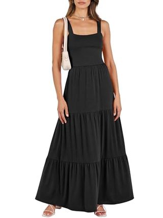 Anrabess Summer Maxi Dresses for Women 2024 Casual Long Beach Vacation Dress Flowy Sleeveless Square Neck Tiered a Line Smocked Sun Dresses With Pockets Black